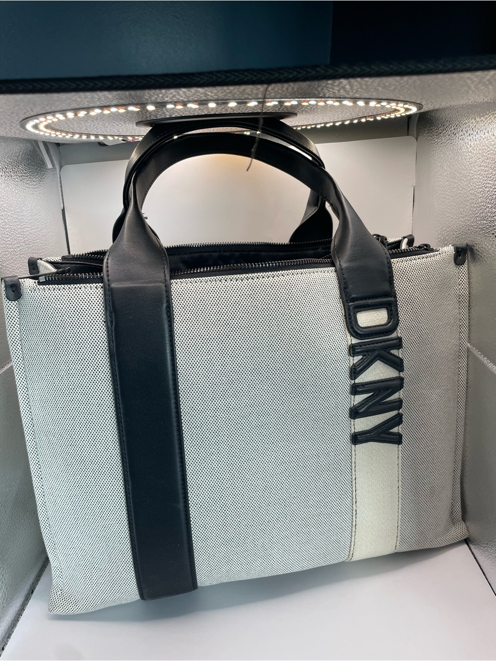 DKNY Black and White Canvas Briefcase with Leather Trim